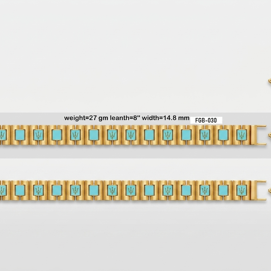 Gold-plated link bracelet with turquoise-colored square inlays, shown in two horizontal views on a light gray background with a small close-up of the clasp at top right. Text reads: weight=27 gm leathth=8" width=14.