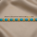 A gold and turquoise bracelet displayed horizontally on a draped beige satin fabric background, with text overlay detailing its dimensions and weight.