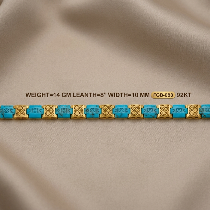 A gold and turquoise bracelet displayed horizontally on a draped beige satin fabric background, with text overlay detailing its dimensions and weight.