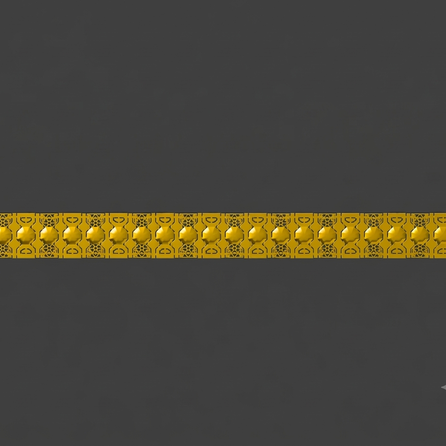 A yellow rectangular strip with multiple circular raised bumps and repeating black printed symbols, shown horizontally on a dark gray background.