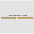 A gold-tone watch band with a central oval plate and textured links, shown horizontally on a light gray background with text above reading 'WEIGHT=10 GM LENGTH=7.75" SQB=104'.