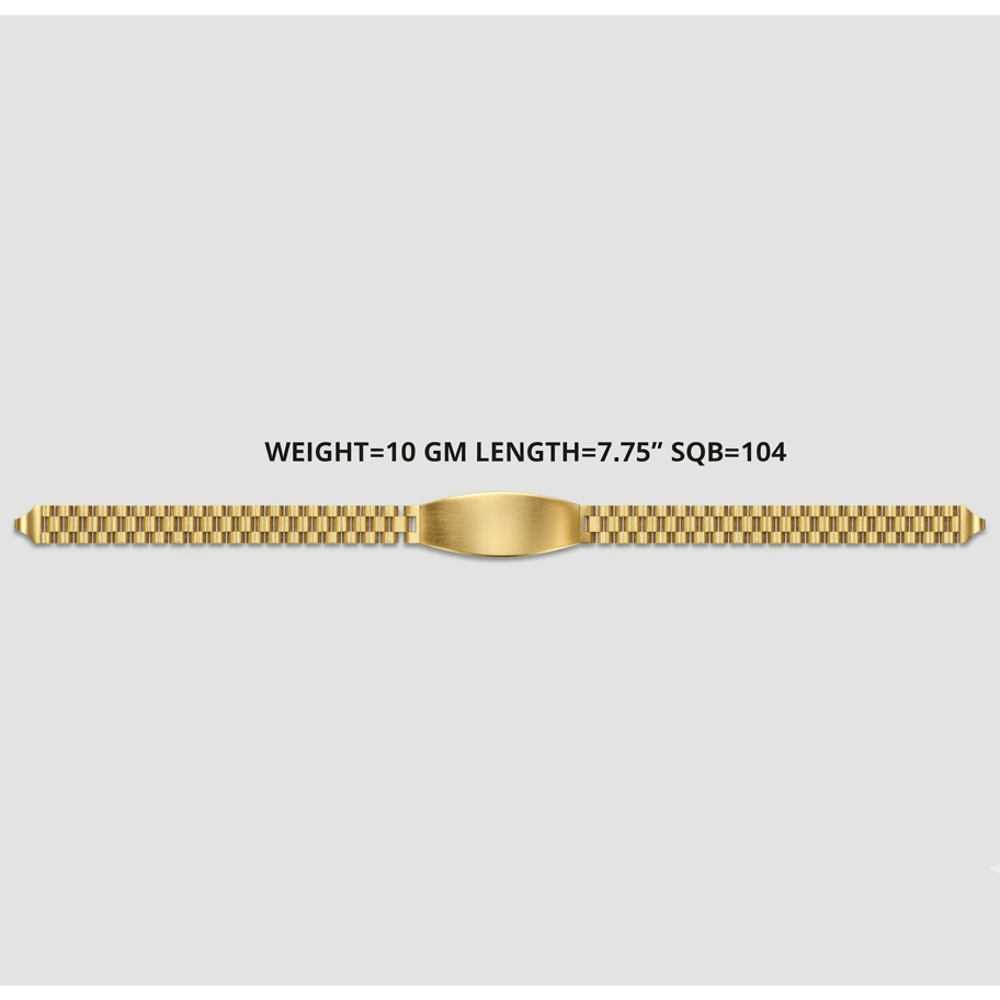 A gold-tone watch band with a central oval plate and textured links, shown horizontally on a light gray background with text above reading 'WEIGHT=10 GM LENGTH=7.75" SQB=104'.