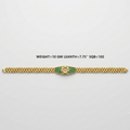 A gold bracelet with a central green and gold floral clasp, displayed horizontally on a light gray background with text indicating its weight and dimensions.