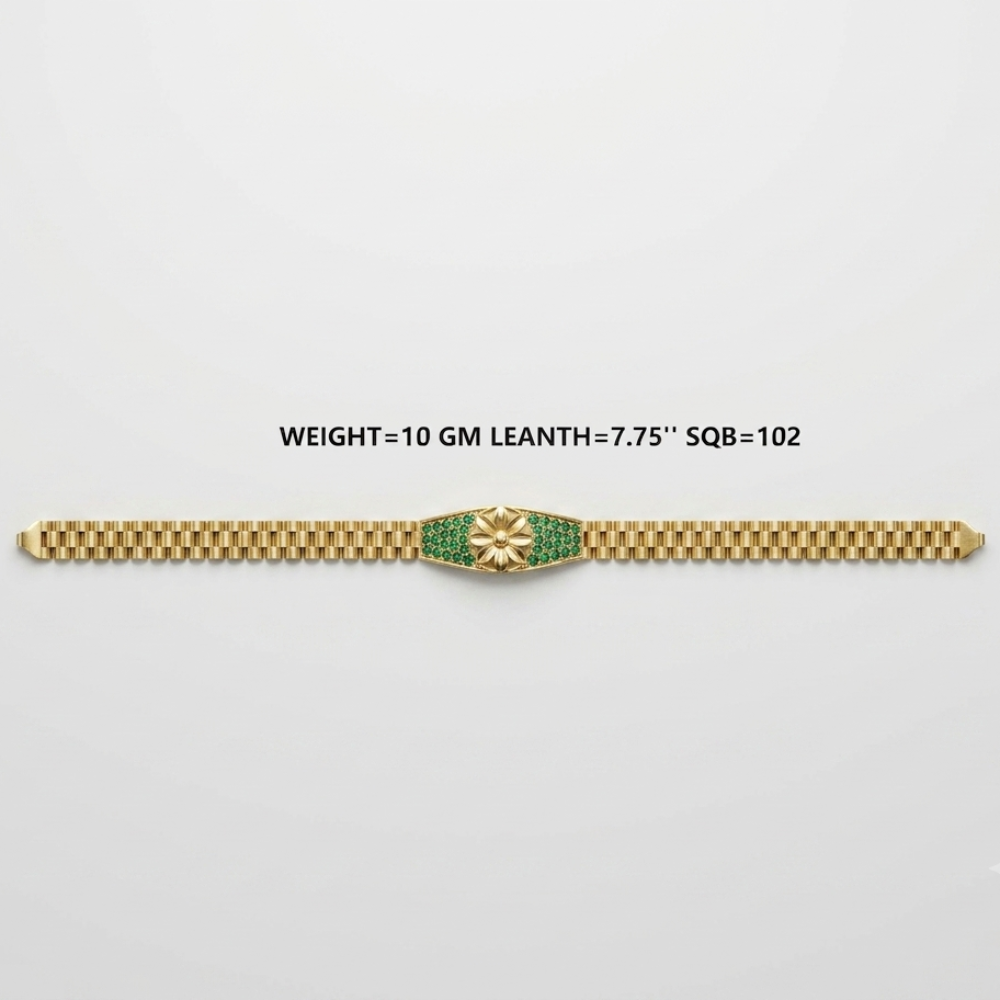 A gold bracelet with a central green and gold floral clasp, displayed horizontally on a light gray background with text indicating its weight and dimensions.