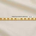A gold-tone metal link bracelet with a textured pattern, displayed horizontally on a draped beige fabric background. Text overlays specify the product's weight, length, and width, along with a style code.