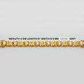 A gold hinged link bracelet with clear crystals on each link, displayed horizontally on a light gray background with text overlay detailing its specifications.