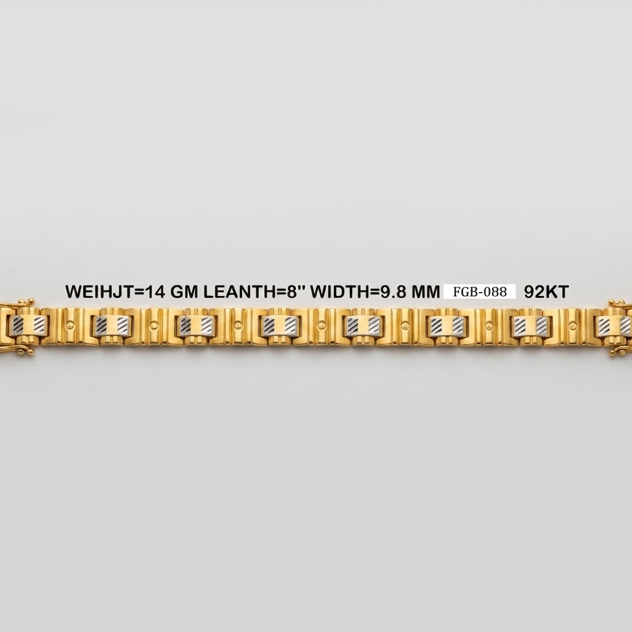 A gold hinged link bracelet with clear crystals on each link, displayed horizontally on a light gray background with text overlay detailing its specifications.