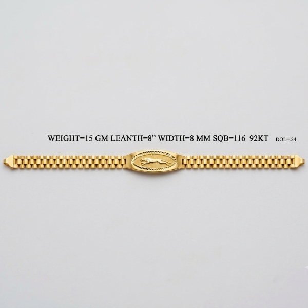 A gold-colored chain bracelet with a central oval medallion featuring a leaping jaguar, presented on a light gray background with product specifications printed above it.