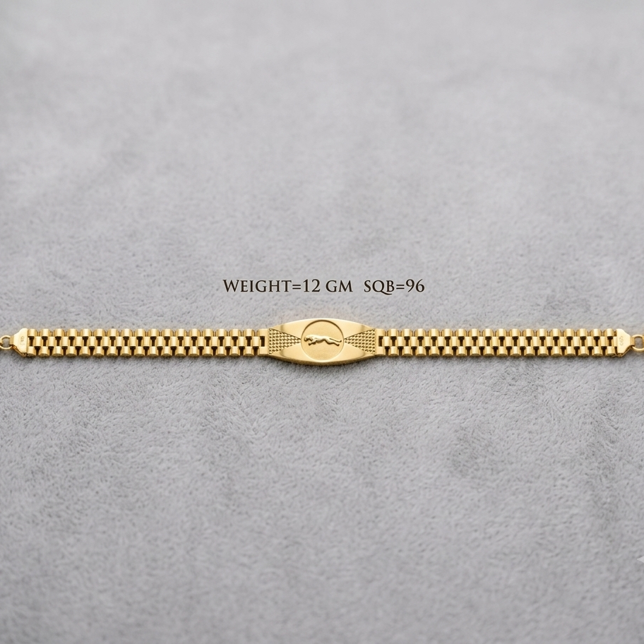 A gold-tone metal link bracelet with a central oval clasp, laid horizontally on a textured gray background. Black text above the bracelet reads 'WEIGHT=12 GM SQ8-96'.
