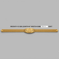 A gold-colored metal bracelet with a textured link design and a central oval medallion, displayed horizontally on a solid gray background with product specifications printed above it.