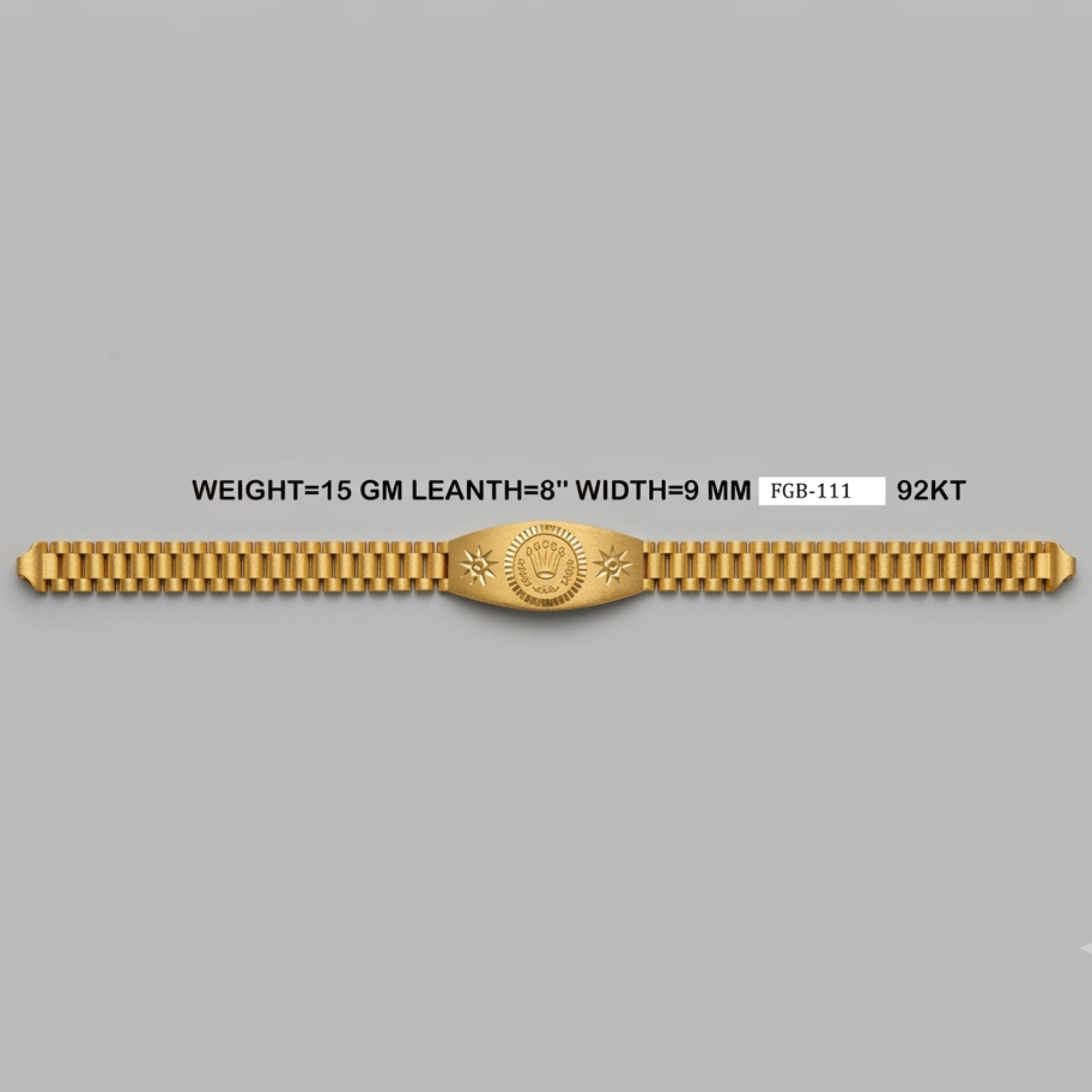 A gold-colored metal bracelet with a textured link design and a central oval medallion, displayed horizontally on a solid gray background with product specifications printed above it.