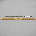 A gold chain bracelet with a textured woven pattern and a central decorative clasp, displayed on a neutral gray background with product specifications printed above it.