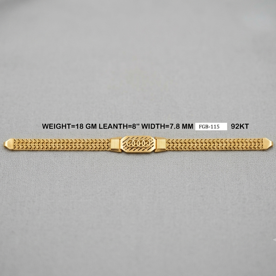 A gold chain bracelet with a textured woven pattern and a central decorative clasp, displayed on a neutral gray background with product specifications printed above it.