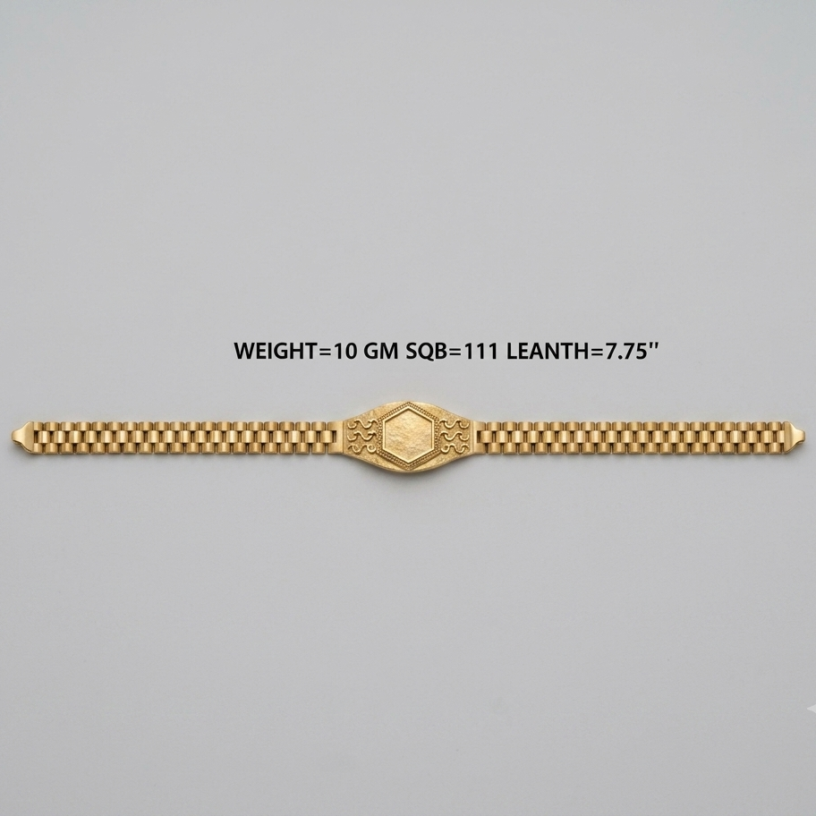 A gold-toned metal bracelet with a checkered pattern and a central geometric clasp, shown on a plain light gray background with text above reading 'WEIGHT=10 GM SQ8=111 LEANTH=7.75"'.