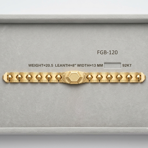 A gold bracelet displayed inside a gray presentation box with printed specifications: FGB-120, weight 20.5, length 8 inches, width 13 mm, and 92KT.