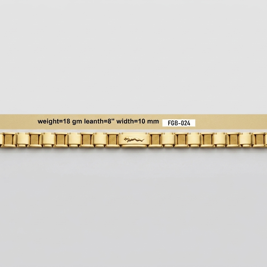 A gold metal link bracelet displayed horizontally against a light gray background, with a beige label overlay showing specifications: weight=18 gm, leanth=8" width=10 mm, and FGB-024.