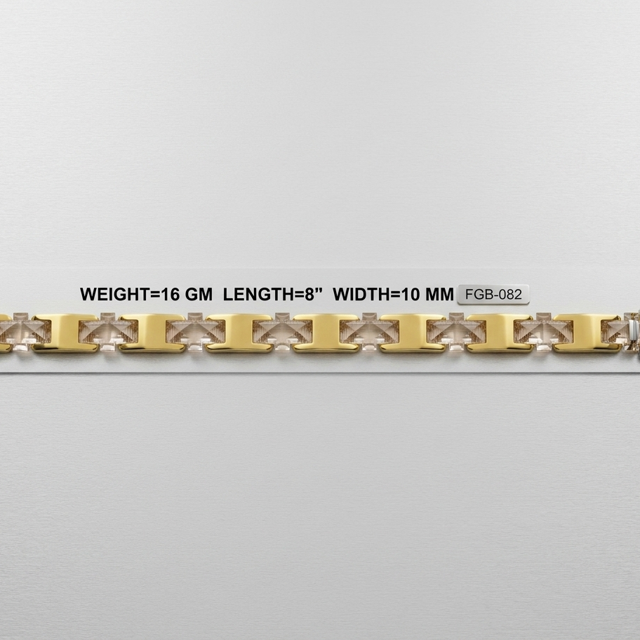 A gold-tone chain bracelet with rectangular links and central clear crystal-like segments, shown horizontally on a light gray background. Black text above reads 'WEIGHT=16 GM LENGTH=8" WIDTH=10 MM' with a small code 'FGB-082' and a '92' mark on the right.