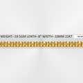 A gold link chain bracelet shown horizontally on a light gray background with text overlay detailing its specifications: weight 19.5GM, length 8 inches, width 10mm, 22KT gold, and style FGB-039.