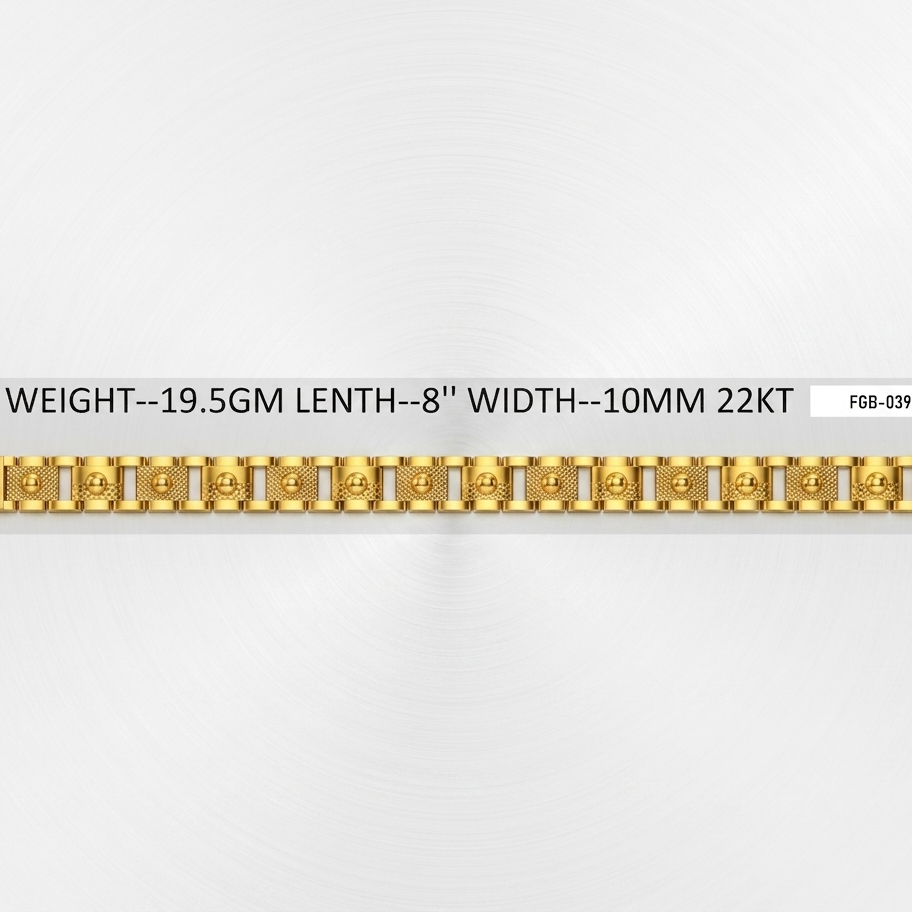 A gold link chain bracelet shown horizontally on a light gray background with text overlay detailing its specifications: weight 19.5GM, length 8 inches, width 10mm, 22KT gold, and style FGB-039.