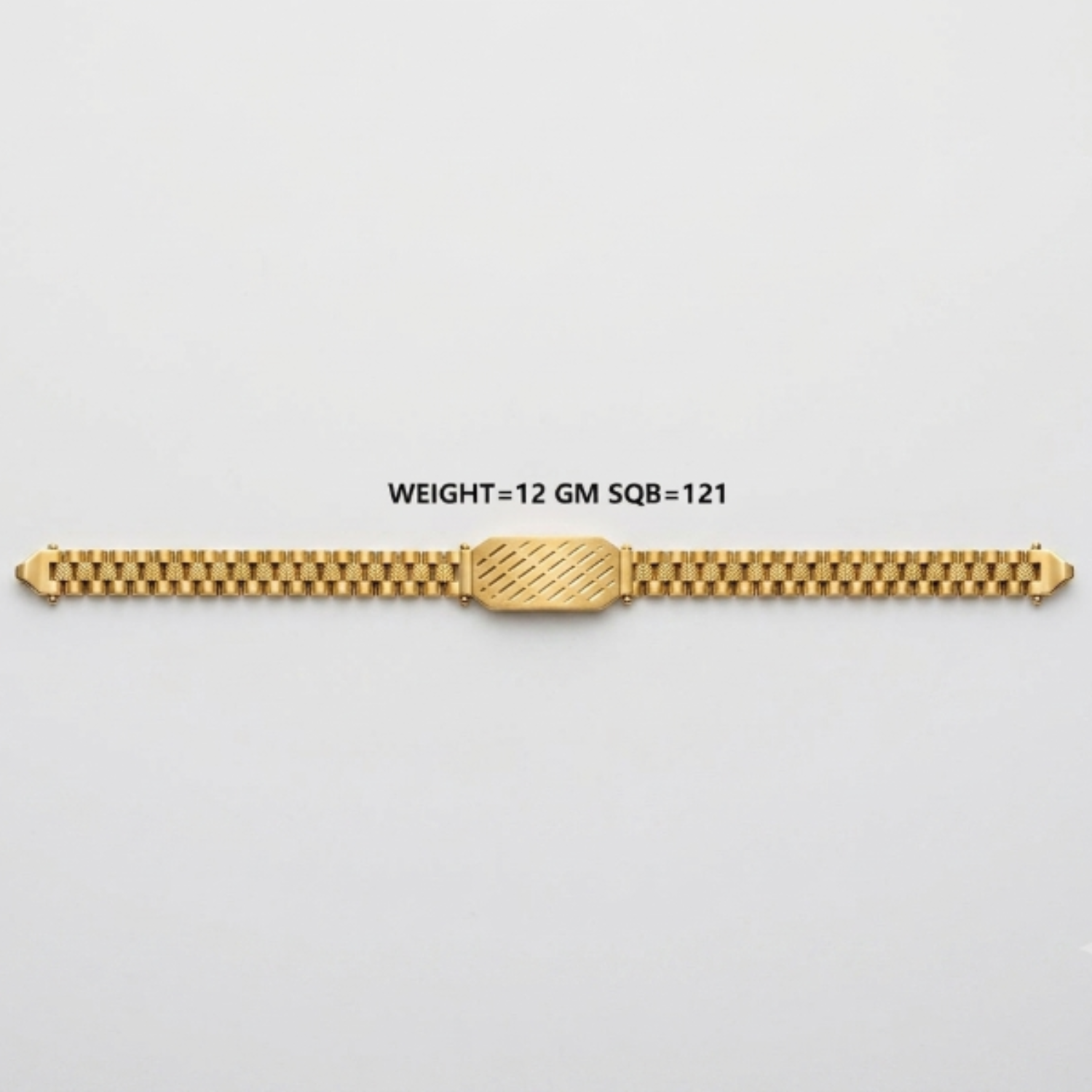 A gold-colored metal watch band with a textured center clasp, displayed horizontally on a light gray background with black text reading 'WEIGHT=12 GM SQB-121' above it.
