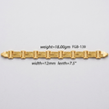 A gold-toned metal bracelet laid horizontally on a light gray background, with black text above and below showing weight, width, and length details.