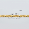 A gold chain bracelet with textured geometric links, shown horizontally on a light gray background with black text overlays indicating its weight (19.00g), width (11mm), and length (8 inches).