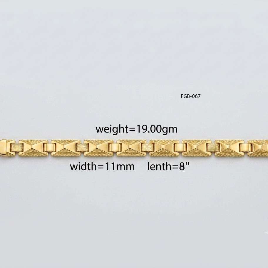 A gold chain bracelet with textured geometric links, shown horizontally on a light gray background with black text overlays indicating its weight (19.00g), width (11mm), and length (8 inches).
