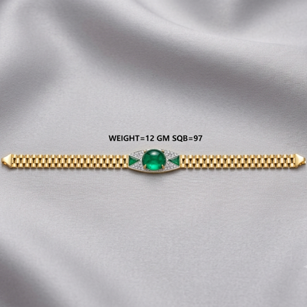 A gold bracelet with a central green emerald and small diamond accents, displayed on a draped light gray satin fabric. Black text above the bracelet reads 'WEIGHT=12 GM SQ8=97'.