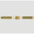 Gold-toned metal watch strap components shown on a light gray background, including two rectangular links with a black-and-gold checkered pattern and one central oval buckle section with a gold oval insert.
