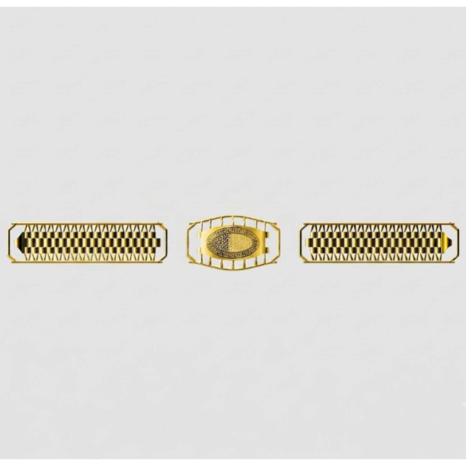 Gold-toned metal watch strap components shown on a light gray background, including two rectangular links with a black-and-gold checkered pattern and one central oval buckle section with a gold oval insert.