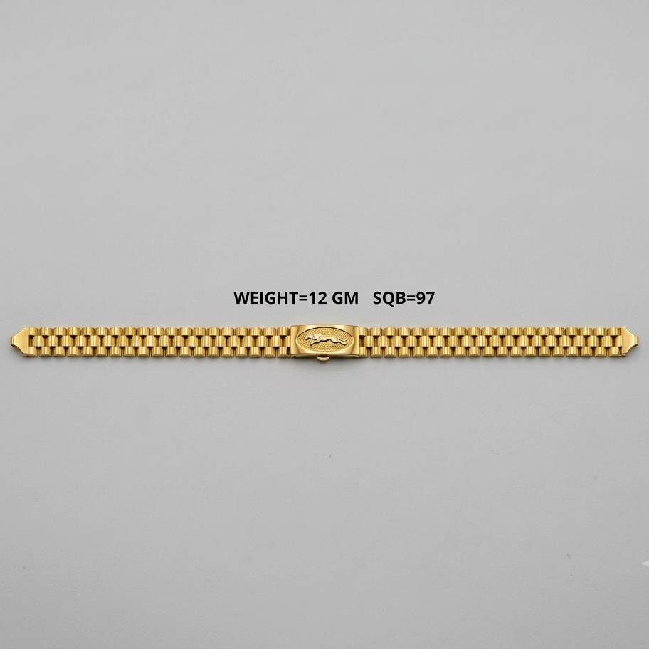 A gold-tone metal watch band with a central clasp, laid horizontally on a light gray background. Black text above the band reads 'WEIGHT=12 GM SQ8-97'.