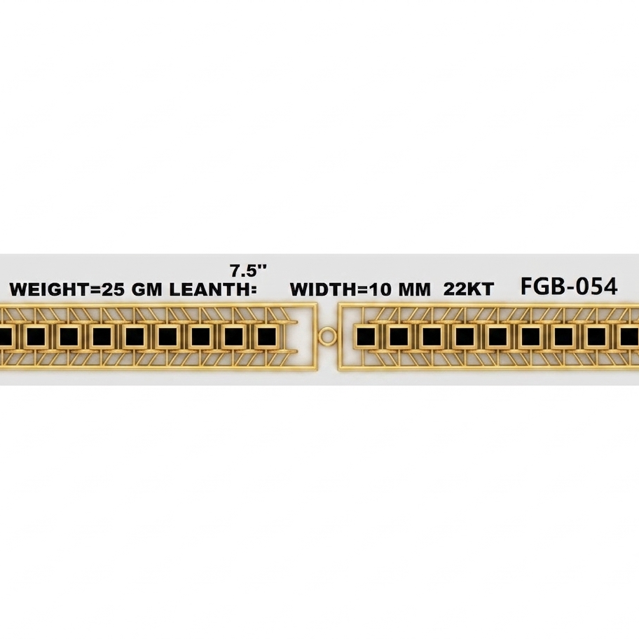 Two gold-toned rectangular pendant charms with black square accents, shown side by side on a light gray background with text listing dimensions and product code FGB-054.