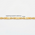 A gold chain bracelet with rectangular links and textured details, displayed horizontally on a white background with a text overlay showing specifications.