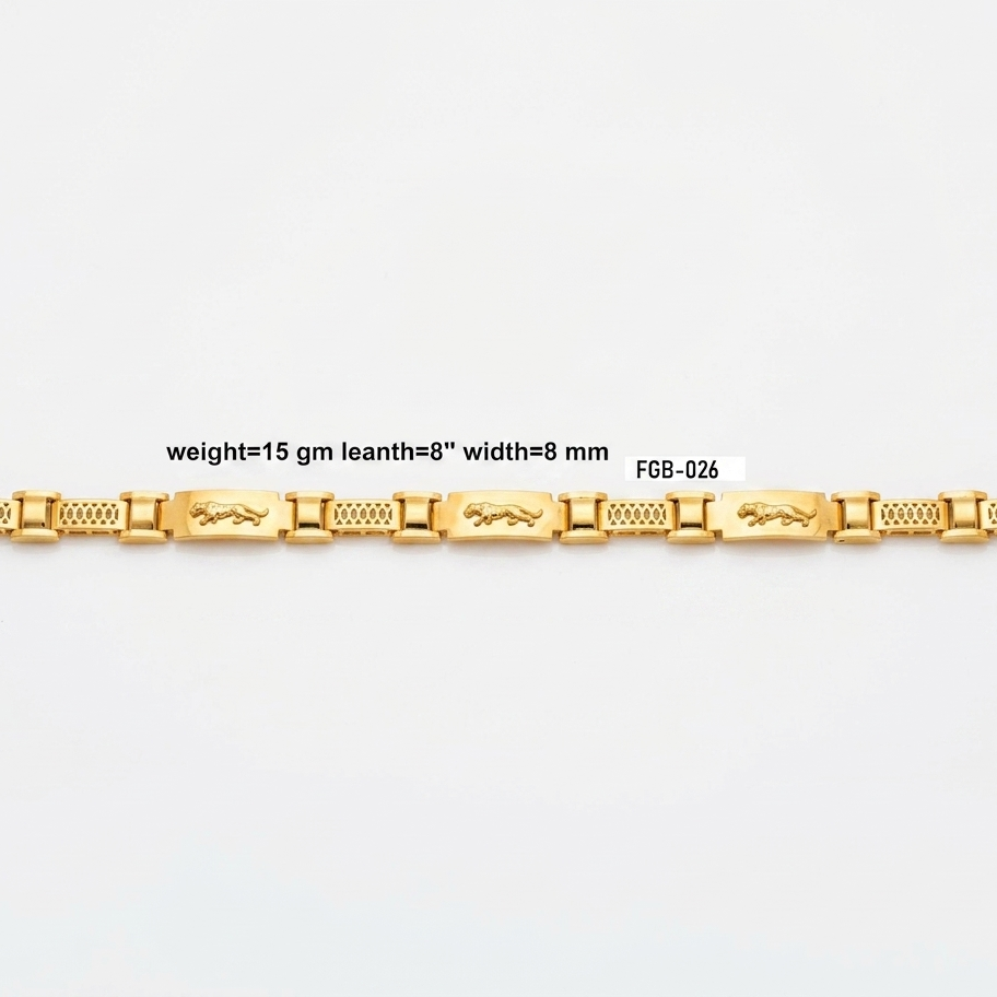 A gold chain bracelet with rectangular links and textured details, displayed horizontally on a white background with a text overlay showing specifications.