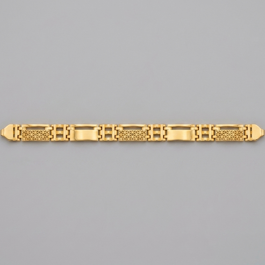 A gold link bracelet with a combination of polished rectangular links and textured geometric patterns, displayed horizontally on a solid gray background.