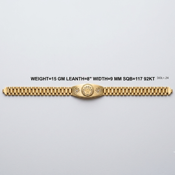 A gold link bracelet with a central oval medallion, displayed horizontally on a light gray background with product specifications printed above it.