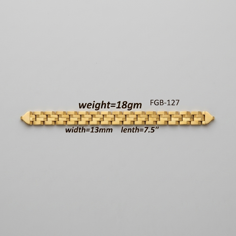 A gold-toned chain bracelet shown on a light gray background with overlaid text indicating weight=18gm, width=13mm, and length=7.5".