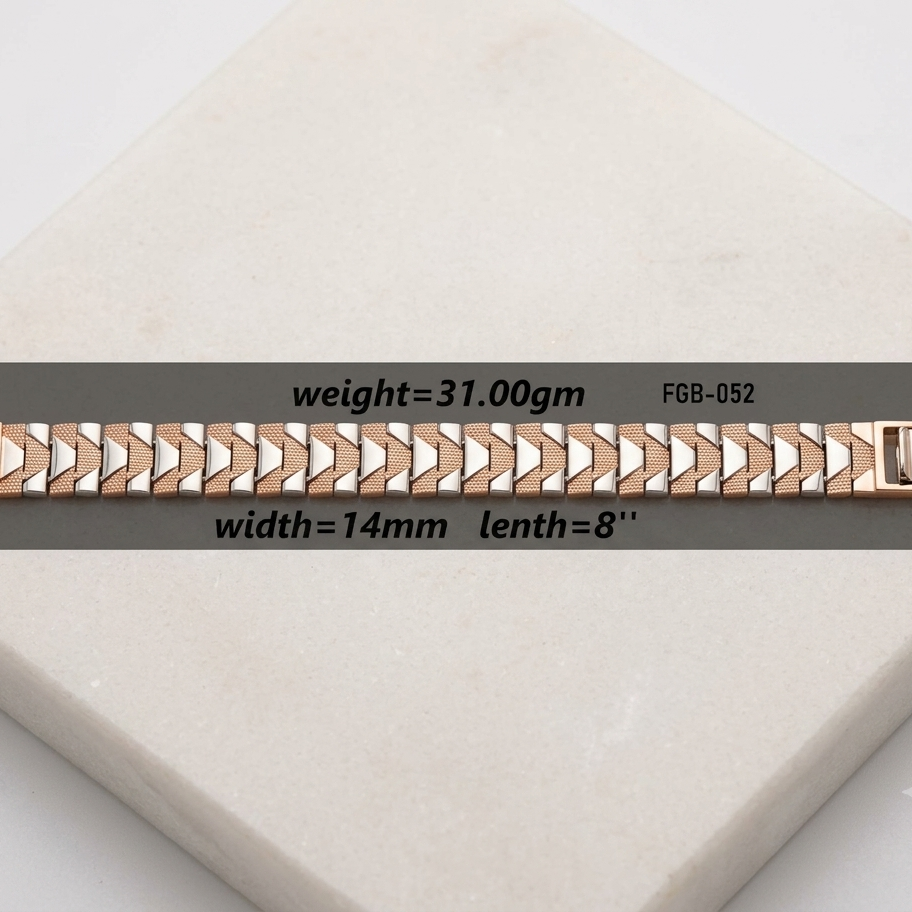A rose gold metal link watch band with a geometric chevron pattern, displayed on a light beige stone block. A dark gray text banner across the center shows the model number 'FGB-052' and specifications: 'weight=31.