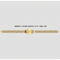 A gold-tone metal bracelet watch band with a central oval clasp, shown horizontally on a light gray background with text above reading 'WEIGHT=10 GM LEANTH=7.75" SQB=105'.