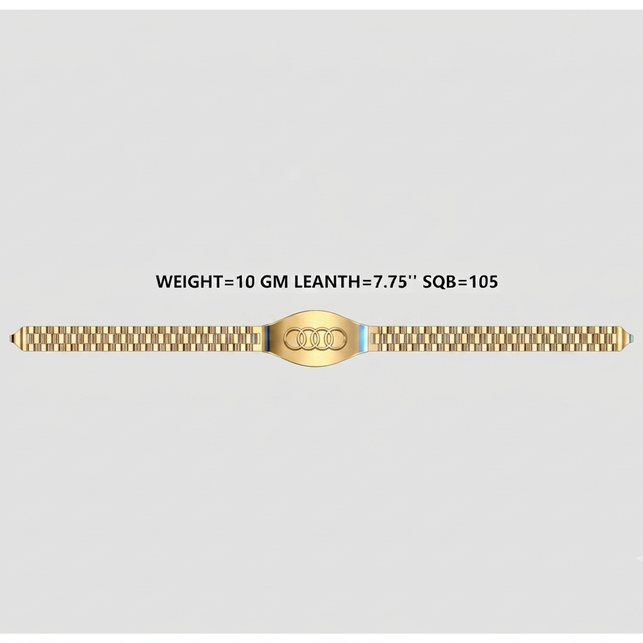 A gold-tone metal bracelet watch band with a central oval clasp, shown horizontally on a light gray background with text above reading 'WEIGHT=10 GM LEANTH=7.75" SQB=105'.