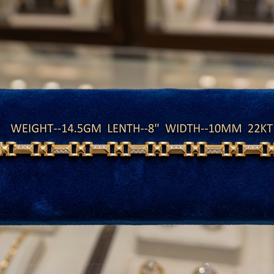 A gold chain link bracelet displayed on a blue velvet jewelry box. The box has printed specifications: 'WEIGHT--14.