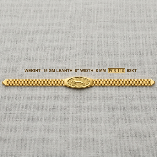A gold chain bracelet with a central oval medallion featuring a cheetah logo, displayed on a textured light gray fabric background. Text above the bracelet lists its specifications: weight 15 GM, leath 8" width 8 MM, and code PGP-110 92KT.