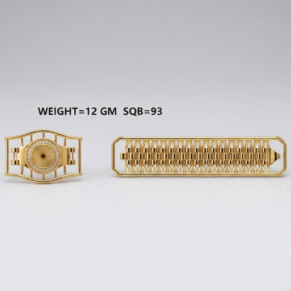 A gold-toned watch band or bracelet shown from two angles on a light gray background, with text above reading 'WEIGHT=12 GM SQB=93'. No person, animal, or real environment is present, so this is Product/Packaging.