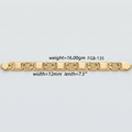 A gold chain bracelet with rectangular links, shown horizontally on a light gray background with text overlays indicating its weight, width, and length.