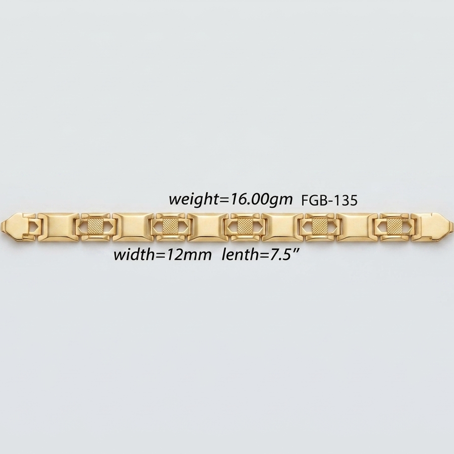 A gold chain bracelet with rectangular links, shown horizontally on a light gray background with text overlays indicating its weight, width, and length.