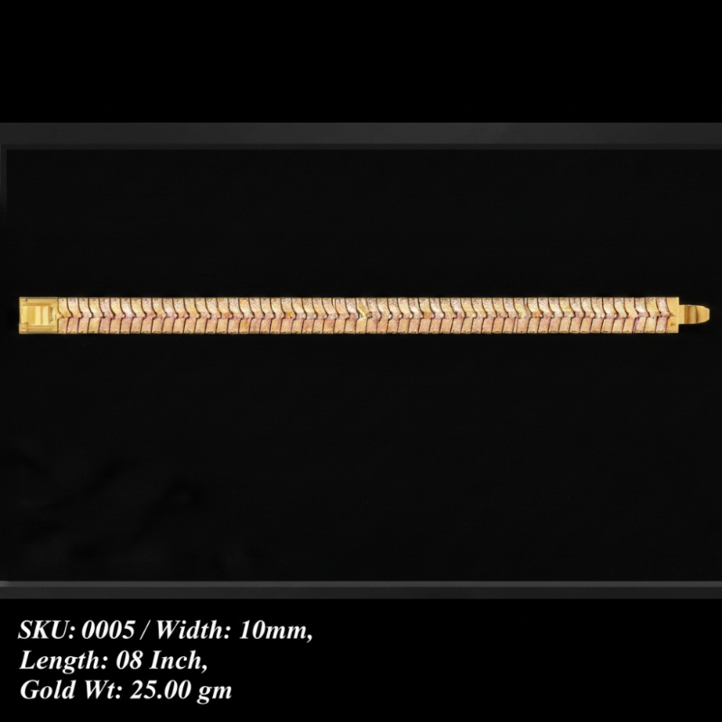 framed jewelry display panels on a light gray background, each with a black background and white text showing product codes, dimensions, and gold weight. The panels display two types of bracelets: a slim diamond-encrusted bracelet and a textured gold chain bracelet with diamonds.