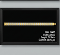 Four framed jewelry display panels on a light gray background, each with a black background and white text showing product codes, dimensions, and gold weight. The panels display two types of bracelets: a slim diamond-encrusted bracelet and a textured gold chain bracelet with diamonds.