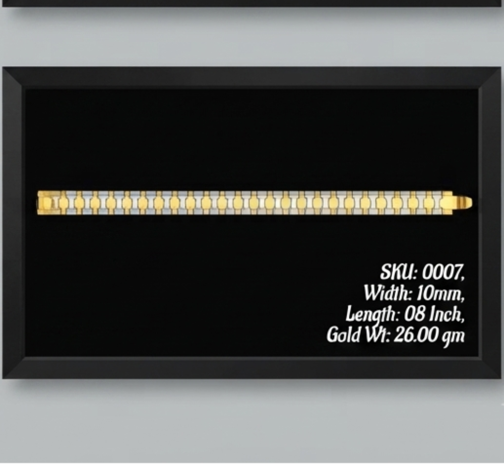 Four framed jewelry display panels on a light gray background, each with a black background and white text showing product codes, dimensions, and gold weight. The panels display two types of bracelets: a slim diamond-encrusted bracelet and a textured gold chain bracelet with diamonds.