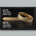  framed jewelry display panels on a light gray background, each with a black background and white text showing product codes, dimensions, and gold weight. The panels display two types of bracelets: a slim diamond-encrusted bracelet and a textured gold chain bracelet with diamonds.