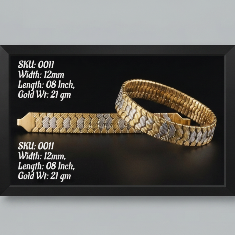  framed jewelry display panels on a light gray background, each with a black background and white text showing product codes, dimensions, and gold weight. The panels display two types of bracelets: a slim diamond-encrusted bracelet and a textured gold chain bracelet with diamonds.